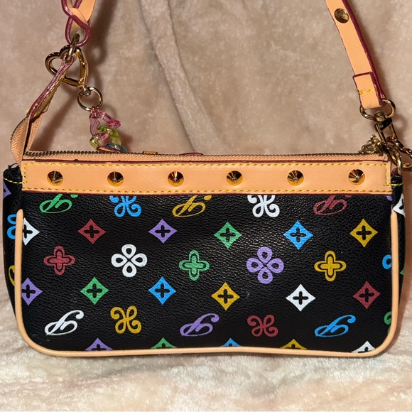 Black Multicolor Studded Monogram Shoulder Bag Tan Trim Bow Detail W Bag Chain! - Picture 5 of 12